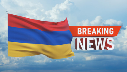 Breaking news. World news with backgorund waving national flag of Armenia. 3D illustration.