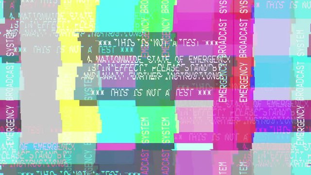 Emergency broadcast system. Bad signal. Corrupted Alert message. Video glitched transmission