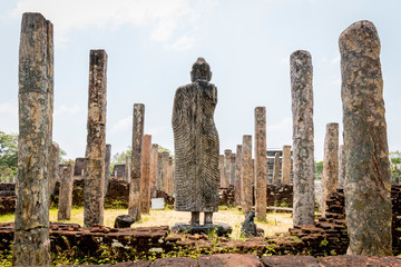 An old standing Buddha statue viewed from back with pillars standing tall 