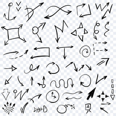 Arrow doodles vector. A set of simple sketches of arrows. Up, down, left, right ones. The effect of a pencil sketch isolated on transparent background. Vector eps 10.