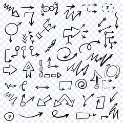 Arrow doodles vector. A set of simple sketches of arrows. Up, down, left, right ones. The effect of a pencil sketch isolated on transparent background. Vector eps 10.