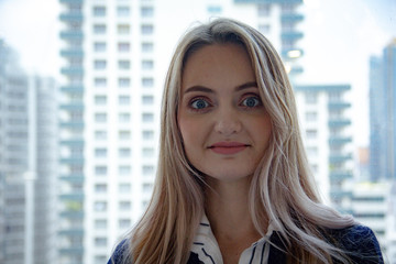 Happiness business woman manager smile portrait working job at desk.