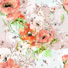 Watercolor seamless pattern of wild poppies and grass