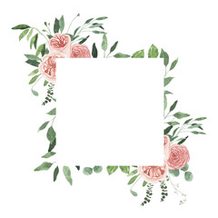 Fototapeta na wymiar Watercolor summer floral fields frame with rose flowers greenery leaves foliage isolated. Floral spring frame blossom boho illustration wedding invitation save the date card