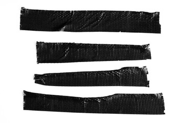 Set of black tapes on white background. Torn horizontal and different size sticky tape, adhesive...