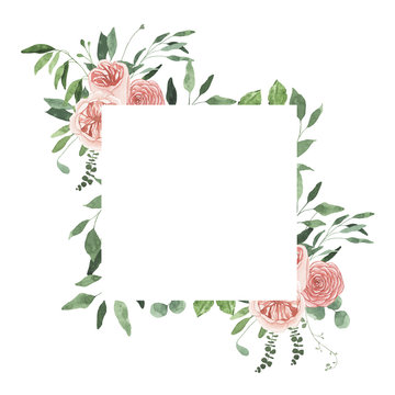Watercolor summer floral fields frame with rose flowers greenery leaves foliage isolated. Floral spring frame blossom boho illustration wedding invitation save the date card