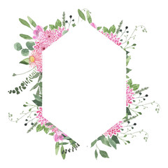 Watercolor summer floral fields frame with dahlia flowers greenery leaves foliage isolated. Floral spring frame blossom boho illustration wedding invitation save the date card