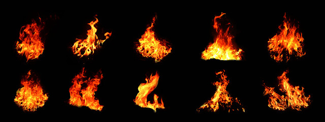 The set of 10 thermal energy flames image set on a black background.