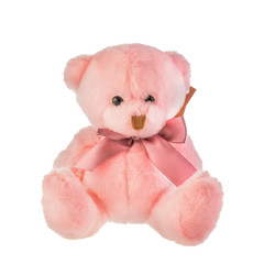 Toy, light pink bear, teddy with atlas bath on white background