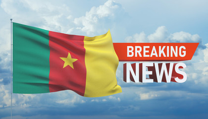 Breaking news. World news with backgorund waving national flag of Cameroon. 3D illustration.