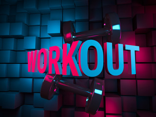 3d rendered illustration, Workout concept with neon light and two dumbbells with cubes on background