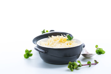 sweet boiled vermicelli with milk in a ceramic bowl