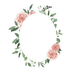 Watercolor summer floral fields frame with rose flowers greenery leaves foliage isolated. Floral spring frame blossom boho illustration wedding invitation save the date card