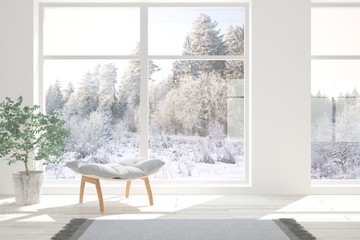 White room with armchair and winter landscape in window. Scandinavian interior design. 3D illustration