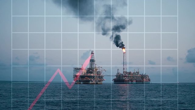 Concept of Oil price go up. Increase oil grow animation. Oil rig and platform on background at day time. 