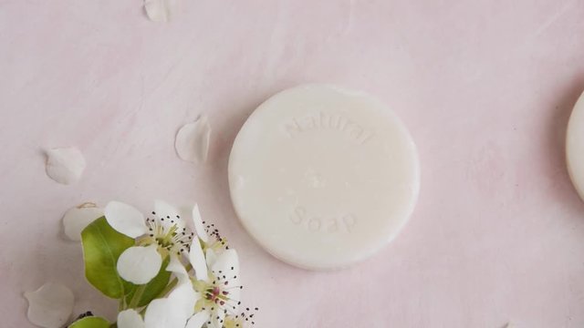 Handmade soaps with wild flowers extract. Hygiene, artisanal products
