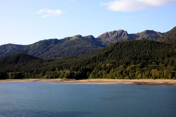 Juneau, Alaska / USA - August 08, 2019: View from ship cruise deck near Juneau, Juneau, Alaska, USA