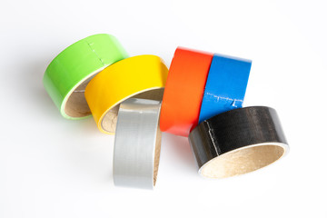 Set of yellow, green, black tapes on white background. different size sticky tape, adhesive pieces.