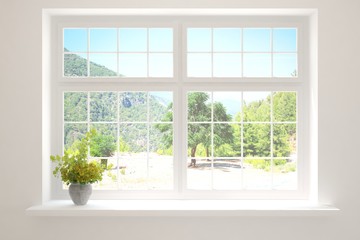 Obraz na płótnie Canvas White window with summer landscape an green home plant. Scandinavian interior design. 3D illustration