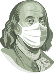 Vector portrait of Benjamin Franklin in medical mask. Covid-19.