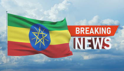 Breaking news. World news with backgorund waving national flag of Ethiopia. 3D illustration.