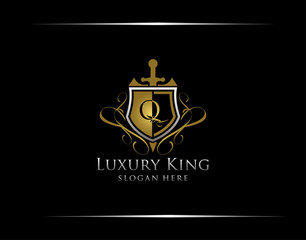 Luxury Guard Q Letter Logo, Gold Q Vintage Shield Brand