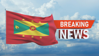 Breaking news. World news with backgorund waving national flag of Grenada. 3D illustration.