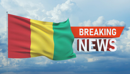 Breaking news. World news with backgorund waving national flag of Guinea. 3D illustration.