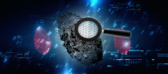 3d rendering Fingerprint and magnify glass with binary code