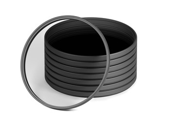 Stack of slim neutral density or ND filters isolated on white background (3d model rendered illustration)