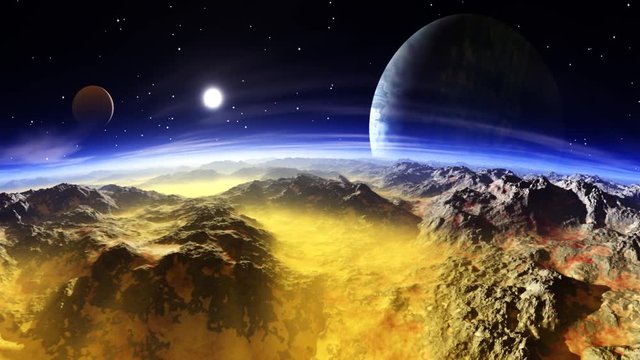 Beautiful alien landscape, panorama of the surface of a fantasy planet, unknown world in space, Martian chronicles, 3D rendering