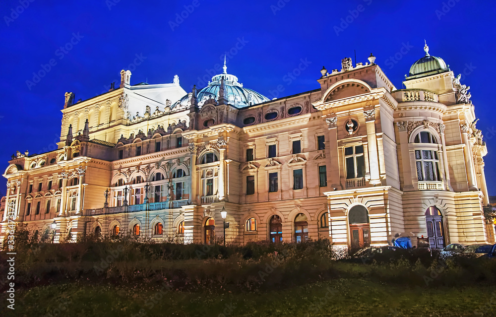 Sticker Juliusz Slowacki Theater in evening Krakow