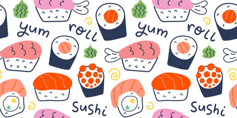 Sushi rolls pattern, seafood illustration, philadelphia, maki and nigiri, yummi japanese food with salmon and shrimp, cute doodle art, seamless vector background for sushi bar, cafe and delivery © Favebrush