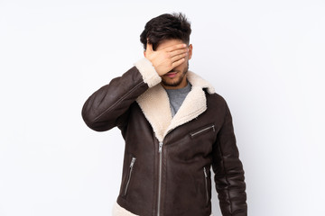 Arabian handsome man over isolated background covering eyes by hands. Do not want to see something