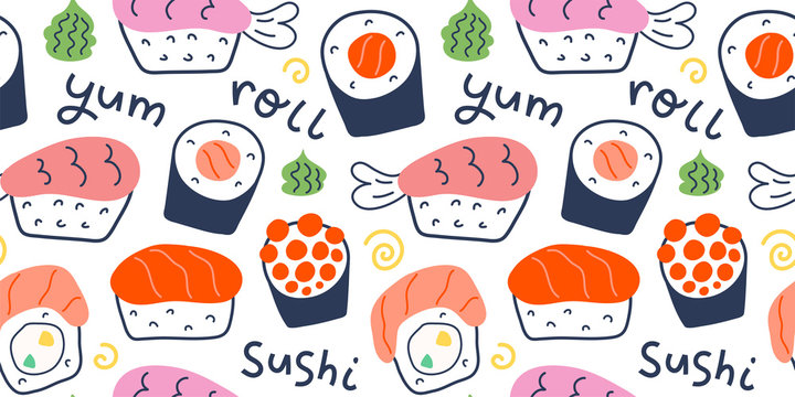 Sushi rolls pattern, seafood illustration, philadelphia, maki and nigiri, yummi japanese food with salmon and shrimp, cute doodle art, seamless vector background for sushi bar, cafe and delivery
