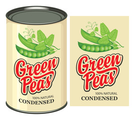 Vector banner for canned green peas with a tin can and a label. Canned food during quarantine, long-term storage product. Label design with calligraphic inscription, green peas, pods, tendrils, leaves