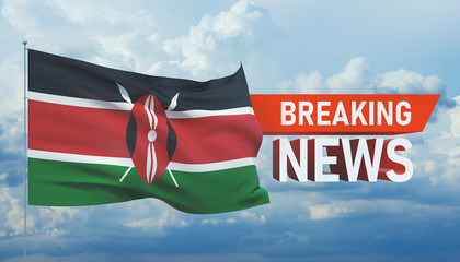 Breaking news. World news with backgorund waving national flag of Kenya. 3D illustration.