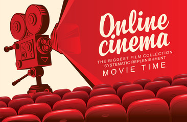 Vector online cinema poster with an old-fashioned movie projector and rows of red seats. Movie theater at home, the biggest film collection. Online cinema concept. Movie time - obrazy, fototapety, plakaty