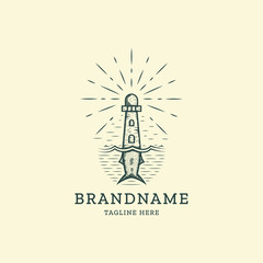 Lighthouse and fish tail vintage retro logo design template