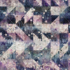Seamless mixed media collage design in old aged worn look. Geo tile mosaic design overlaid, mottled, and distressed on fabric texture. Seamless repeat raster jpg pattern swatch.