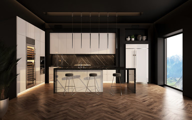Interior of modern luxury kitchen in private house. 3d render