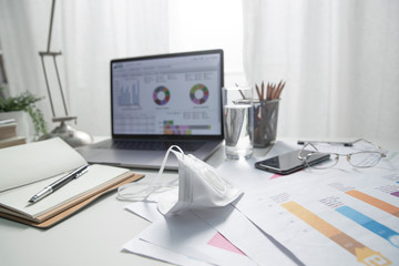 On the desk of office supplies and masks