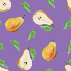 harvest sweet pears with leaves fruit on lilac background gouache illustration freehand drawn seamless pattern. Food pattern, painted manually
