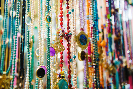 close up of colorful beads for sale, Grand Bazaar, Istanbul, Turkey