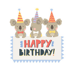 Three koalas in elegant costumes with a festive banner and the inscription Happy Birthday. Vector illustration. Excellent for the design of postcards, posters, stickers and so on.