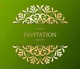 Elegant Save The Date card design. Vintage floral invitation card template. Luxury swirl mandala greeting  gold and green card