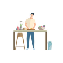 Man preparing smoothie of vegetables flat icon. Cooking, vegetarian, healthy eating. Leisure concept. can be used for topics like food, domestic lifestyle, wellness
