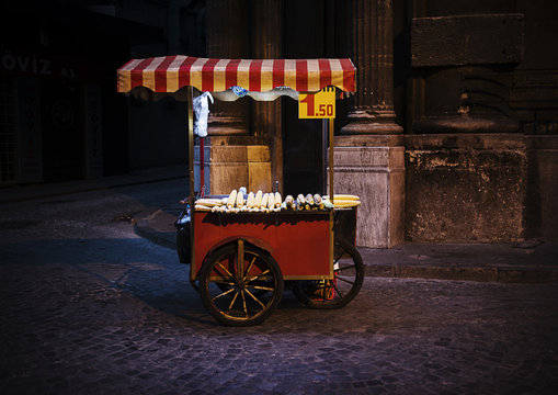 Street Vendor Cart Selling Corn In Istanbul At Night, Istanbul, Turkey