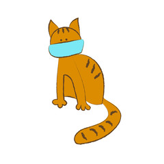 Funny red cat in a protective medical mask. The concept of preventive measures to preserve health. Vector illustration in flat style. Stylization of children's drawings. isolated on a white background