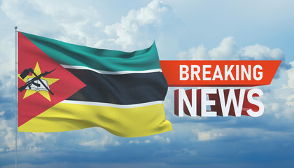 Breaking news. World news with backgorund waving national flag of Mozambique. 3D illustration.